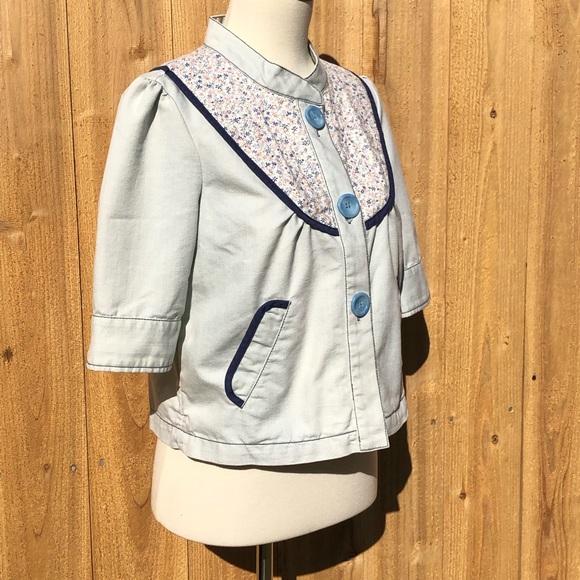 Anthropologie Lux 3/4 Sleeve Baby Blue Floral Print Jacket Size Small - Picture 2 of 8